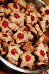 Crispy sweet flower-shaped cookies with marmalade, Polish traditional cookies
