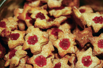 Crispy sweet flower-shaped cookies with marmalade, Polish traditional cookies

