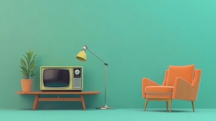Retro Living Room: Vintage Television, Armchair, and Minimalist Decor