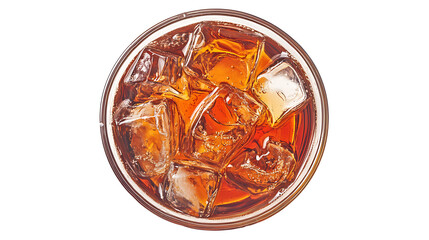 Flat lay, top view, isolated on a white background, a plastic cup filled with cola and ice, utilizing a clipping path