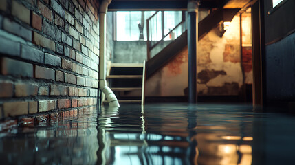 Flooded basement with failed sump pump and standing water