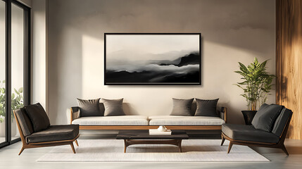 Japandi, minimalist interior design of modern living room