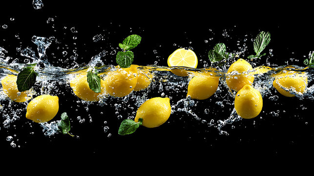 Flying lemons in water splash in water background, advertising and social media, mint leaves as decorative accents
