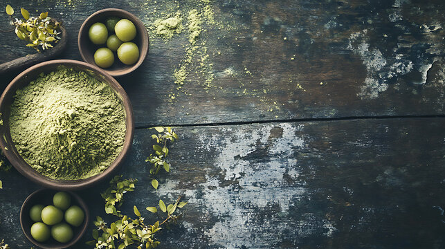 Fresh amla powder and raw avla on rustic wooden table, ayurvedic supplement concept