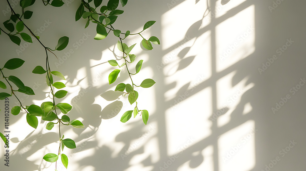 Poster leaves and window pane shadow overlay effect on white background, natural light, abstract image conc