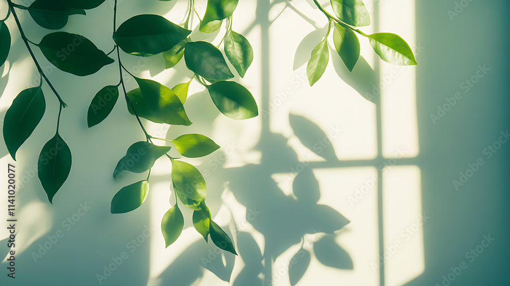 Poster leaves and window pane shadow overlay effect on white background, natural light, abstract image conc