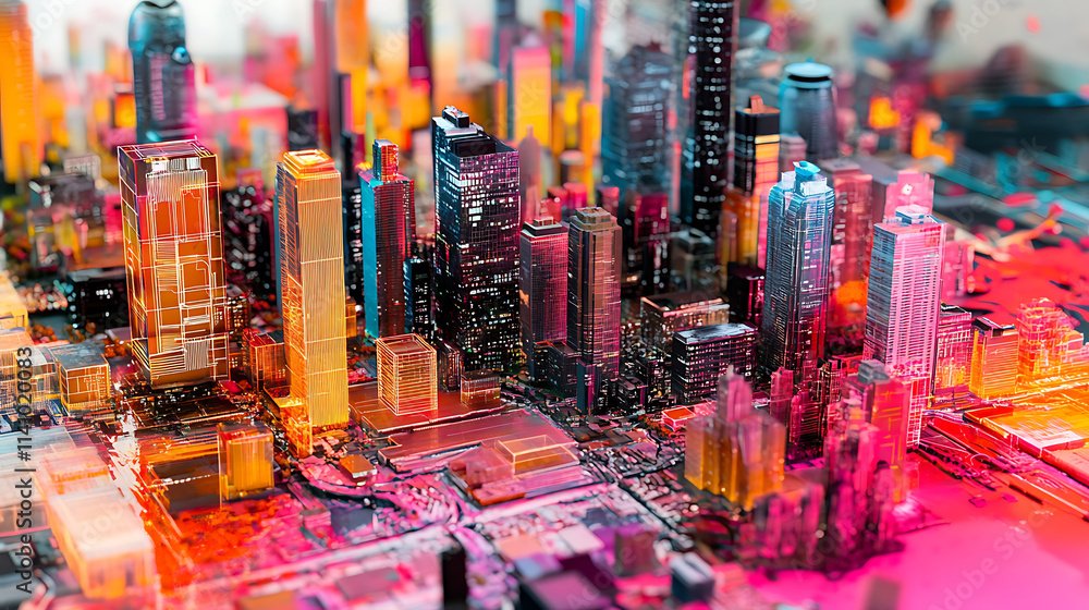 Poster futuristic abstract city model showcasing gis geodata mapping concept with vibrant digital layers an