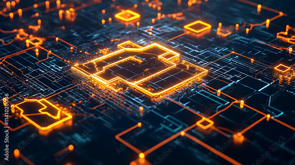 Poster Futuristic blockchain interface display with global map, decentralized network and cryptocurrency concept for business and finance