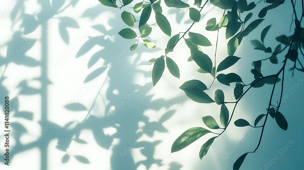 Poster Leaves and window pane shadow overlay effect on white background, natural light, abstract image concept