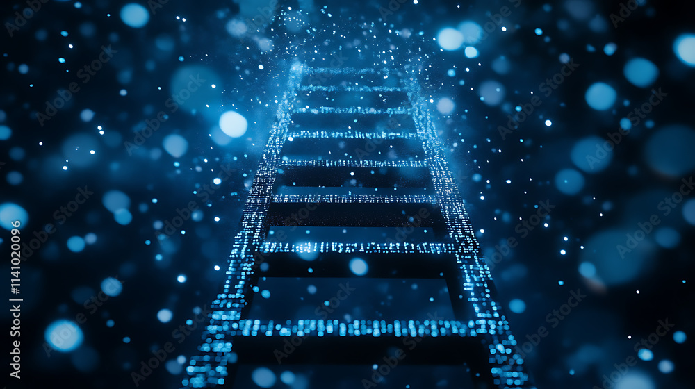 Poster Futuristic digital background with a ladder embedded with cascading binary code, symbolizing the ascent through technology and information