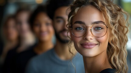 Obraz premium Confident Young Woman with Glasses and Friends in Background