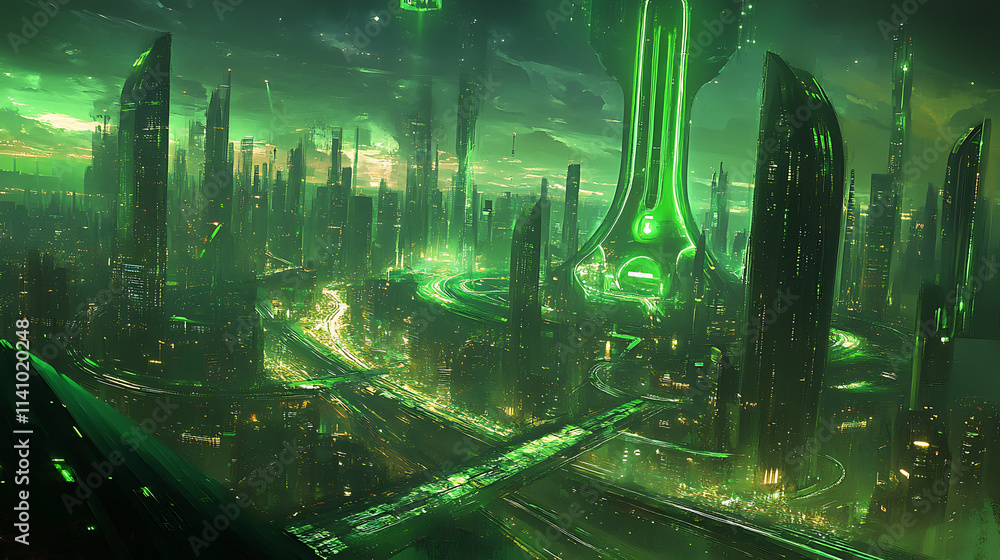 Poster Futuristic green digital city with glowing lines and abstract architecture, this artwork features a high-tech cityscape with a network of interconnected structures and pathways