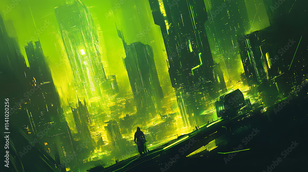 Aufkleber Futuristic green digital city with glowing lines and abstract architecture, this artwork features a high-tech cityscape with a network of interconnected structures and pathways