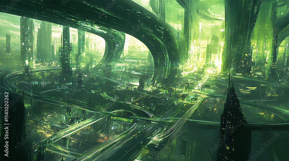Poster Futuristic green digital city with glowing lines and abstract architecture, this artwork features a high-tech cityscape with a network of interconnected structures and pathways