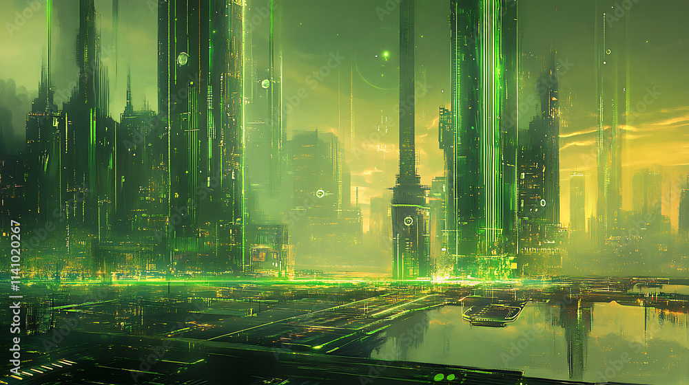 Aufkleber Futuristic green digital city with glowing lines and abstract architecture, this artwork features a high-tech cityscape with a network of interconnected structures and pathways