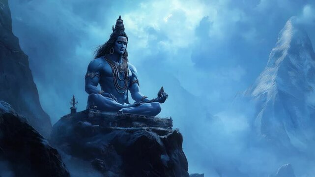 Majestic depiction of lord shiva in deep meditation surrounded by the serene himalayas beauty

