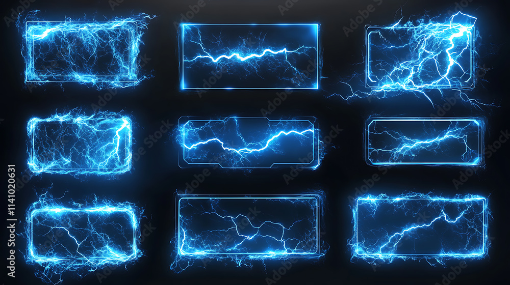 Leinwandbilder lightning frames, blue electric borders of rectangular and square shapes with thunder bolt effect