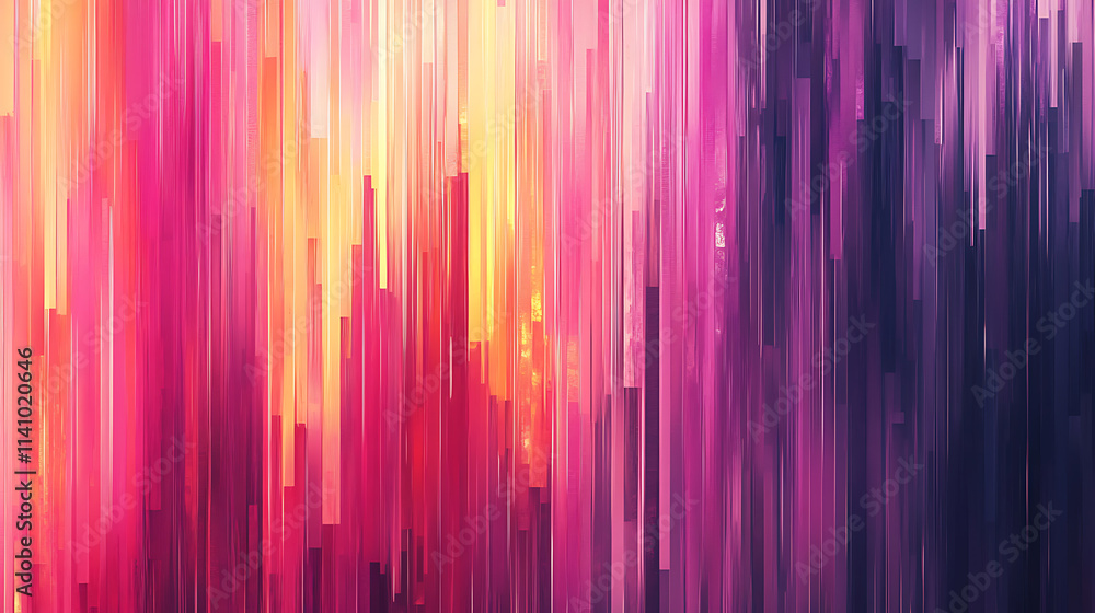 Poster Glitchy abstract pattern with vibrant colors, displaying a mix of vertical and horizontal lines in a colorful digital mosaic, the image is dynamic and visually engaging
