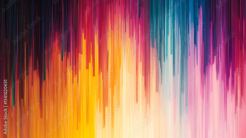 Poster Glitchy abstract pattern with vibrant colors, displaying a mix of vertical and horizontal lines in a colorful digital mosaic, the image is dynamic and visually engaging