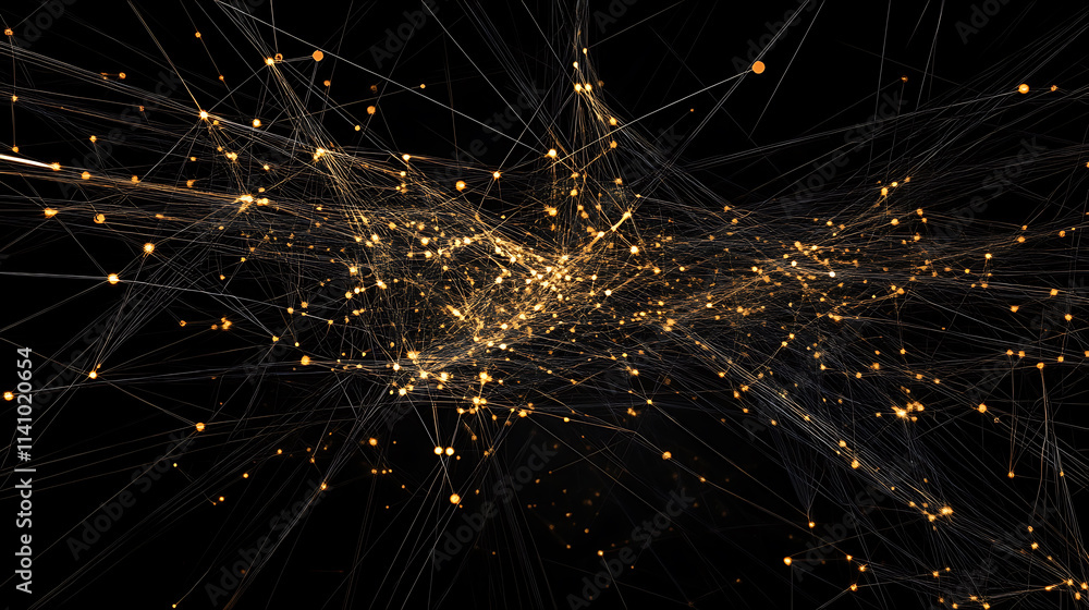Poster Global business network and social media connections concept â€“ abstract design featuring a digital web of interconnected nodes and lines for corporate communication and technology