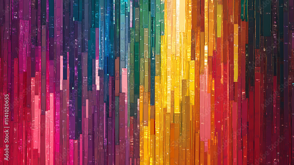 Poster Glitchy abstract pattern with vibrant colors, displaying a mix of vertical and horizontal lines in a colorful digital mosaic, the image is dynamic and visually engaging