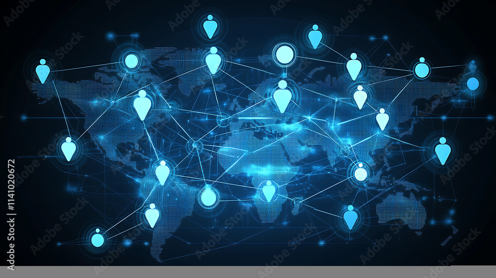 Aufkleber Global business network and social media connections concept â€“ abstract design featuring a digital web of interconnected nodes and lines for corporate communication and technology