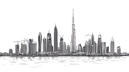 Obraz premium Line drawing of dubai city skyline united arab emirates, beautiful city landmark