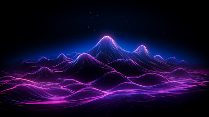 A glowing cyberpunk-inspired black background featuring colorful neon line art mountains and waves, illuminated by a holographic full moon. Perfect for website banners and digital prints.