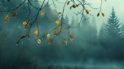 Delicate leaves on tree branches glistening with morning dew