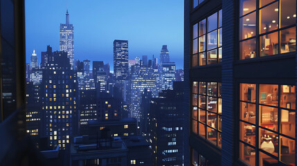 Lit office building windows glow warm against the blue evening, showing bustling city life and after-hours activity, concept: urban work culture