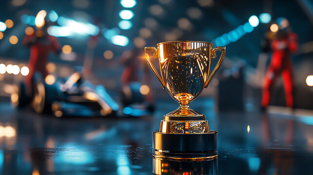 Golden award cup with pit crew and formula 1 bolide on background