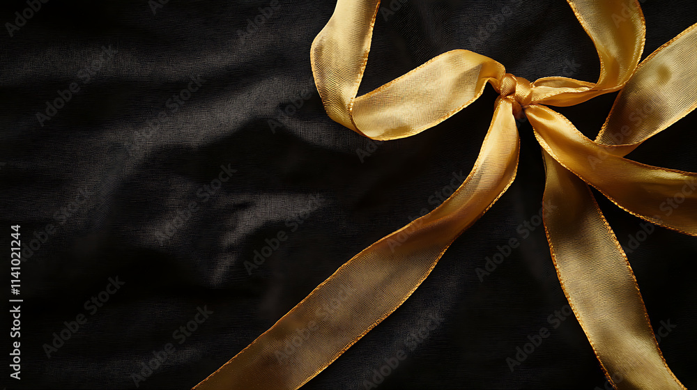 Poster golden ribbon with a bow lying on black background, creating a festive atmosphere