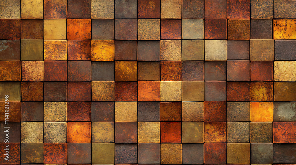 Leinwandbilder Golden square mosaic tiles forming a seamless pattern with a warm, rich color palette, textured background ideal for design projects