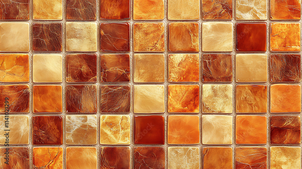 Poster Golden square mosaic tiles forming a seamless pattern with a warm, rich color palette, textured background ideal for design projects