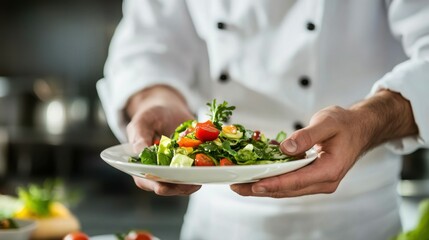 food cooking, profession and people concept - close up of male chef cook with plate of salad at restaurant kitchen table