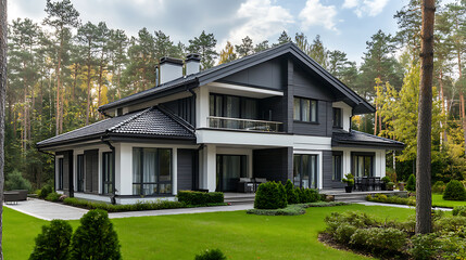 Gray zinc gutter on the facade of the house, white pvc downpipes and soffit paneling