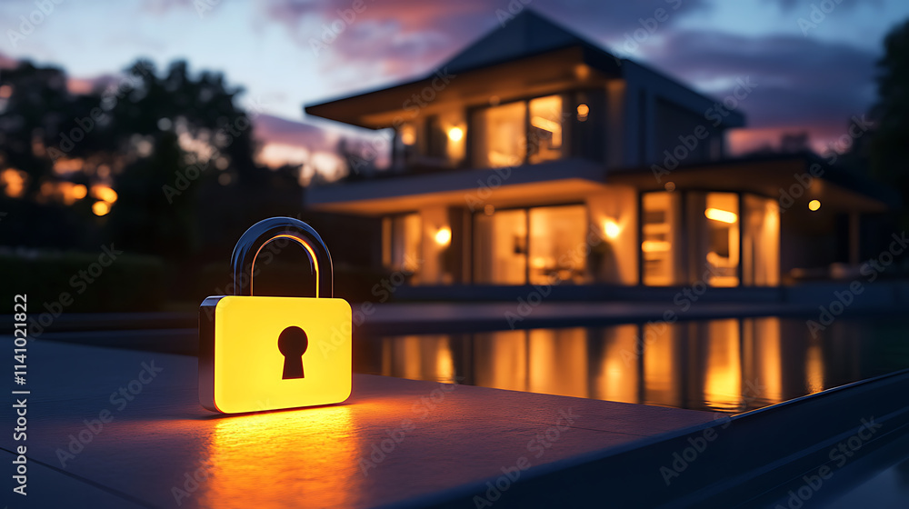Poster Luminous padlock is glowing in front of a modern house with lights on at sunset, symbolizing a secure and protected home