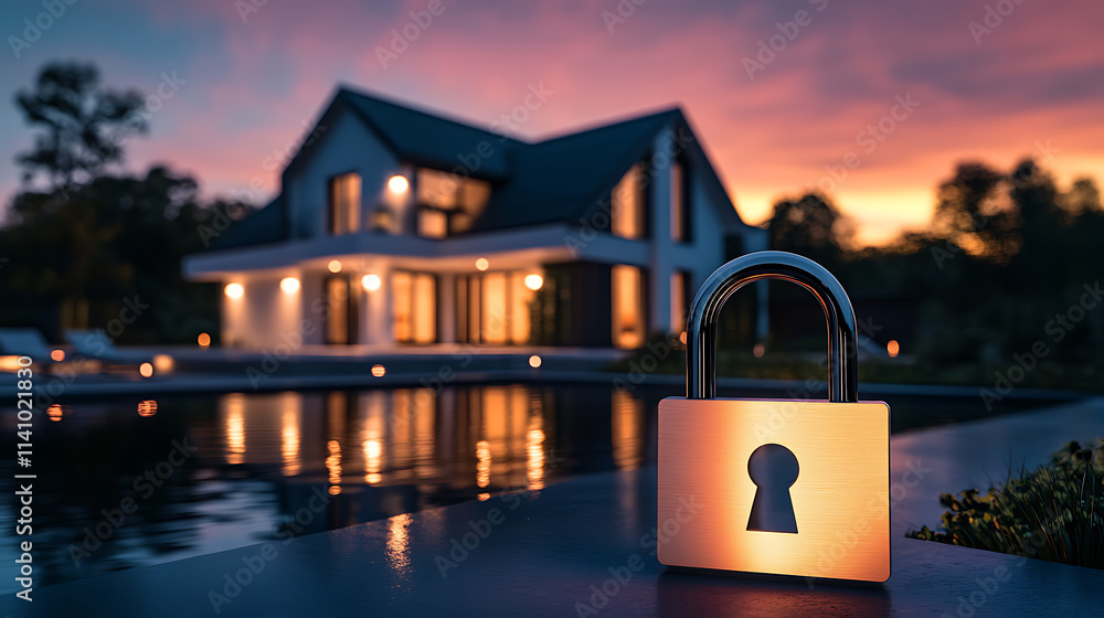 Poster luminous padlock is glowing in front of a modern house with lights on at sunset, symbolizing a secur