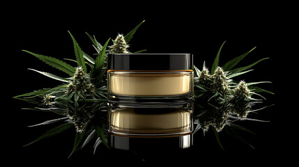 Luxurious cbd cream in glass jar with cannabis leaves and buds on black background, cbd cream jar mockup