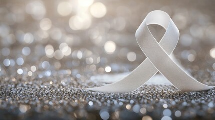 Silver Ribbon Awareness Symbol On Glitter Background