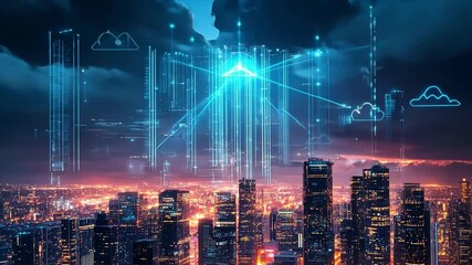 Cityscape of Innovation: A vibrant cityscape at night, illuminated by a network of digital lines and icons, representing the interconnectedness and advancement of modern technology, data.