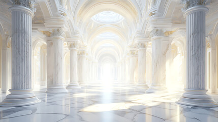 Obraz premium Luxurious white marble interior with ornate columns and arches, sunlit, concept of wealth and grand architecture