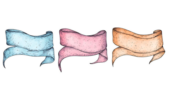 Hand drawn ribbon banners, white background, digital scrapbooking