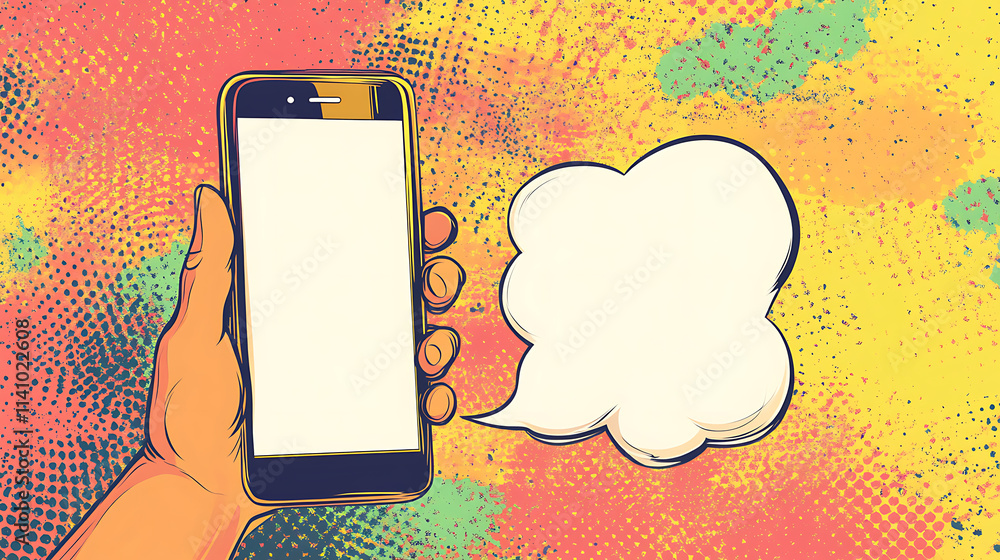 Aufkleber hand holding smartphone with whitblank screen with empty speech bubble popping against vibrant backg
