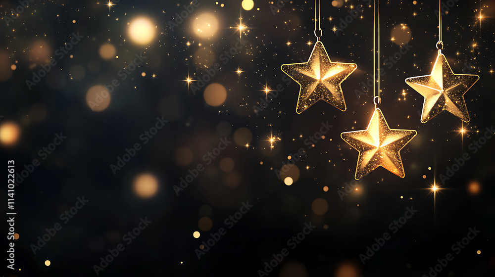 Poster magical golden stars hanging on dark background with bokeh effect