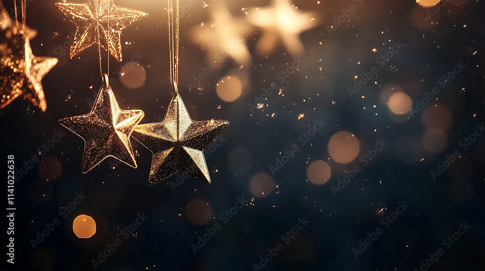 Poster magical golden stars hanging on dark background with bokeh effect