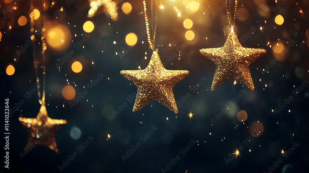 Poster magical golden stars hanging on dark background with bokeh effect