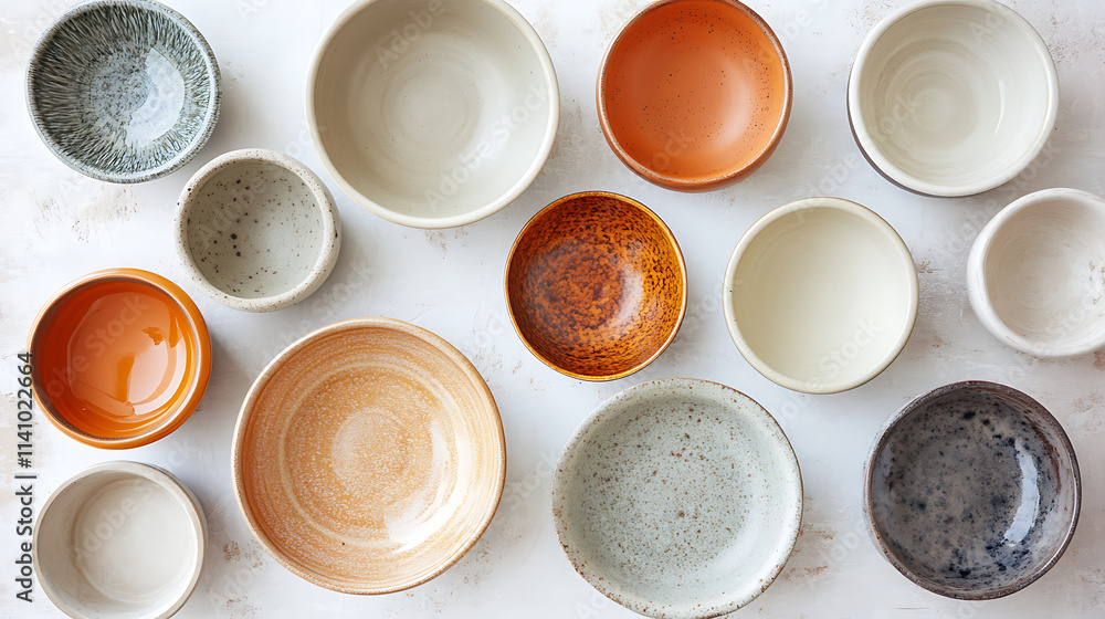 Aufkleber handmade ceramics, top view of empty craft ceramic bowls and plates on a light background