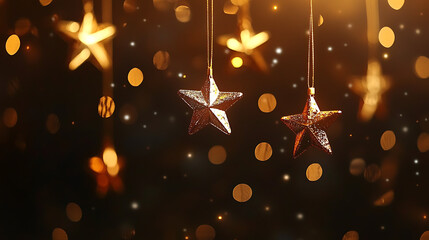 Magical golden stars hanging on dark background with bokeh effect