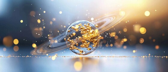 Cosmic golden particles orbiting saturn digital art outer space surreal environment close-up view universe concept